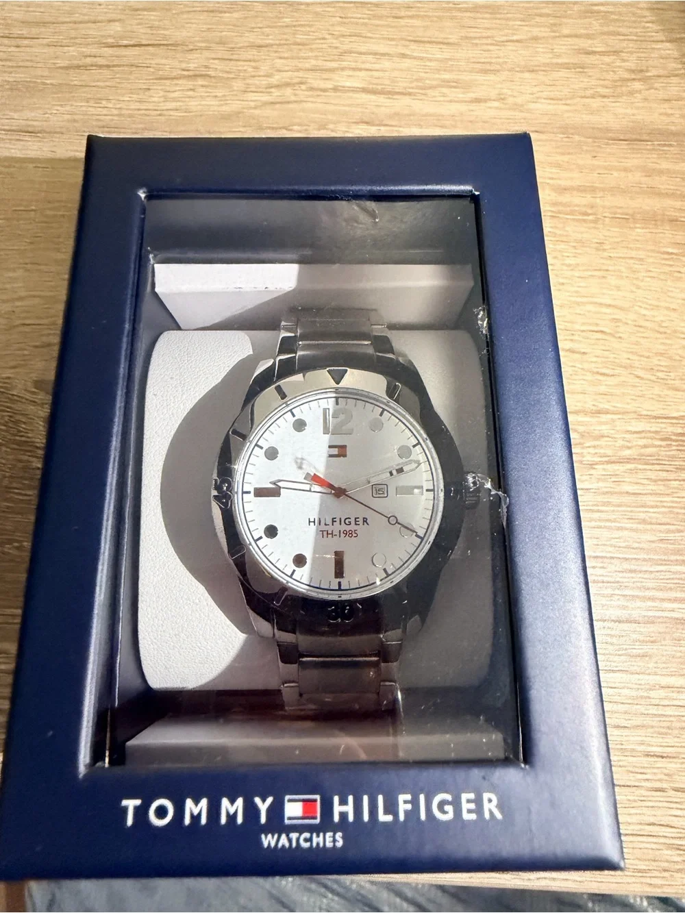 Tommy Hilfiger Silver Stainless Steel Watch with White Dial and Red Accents